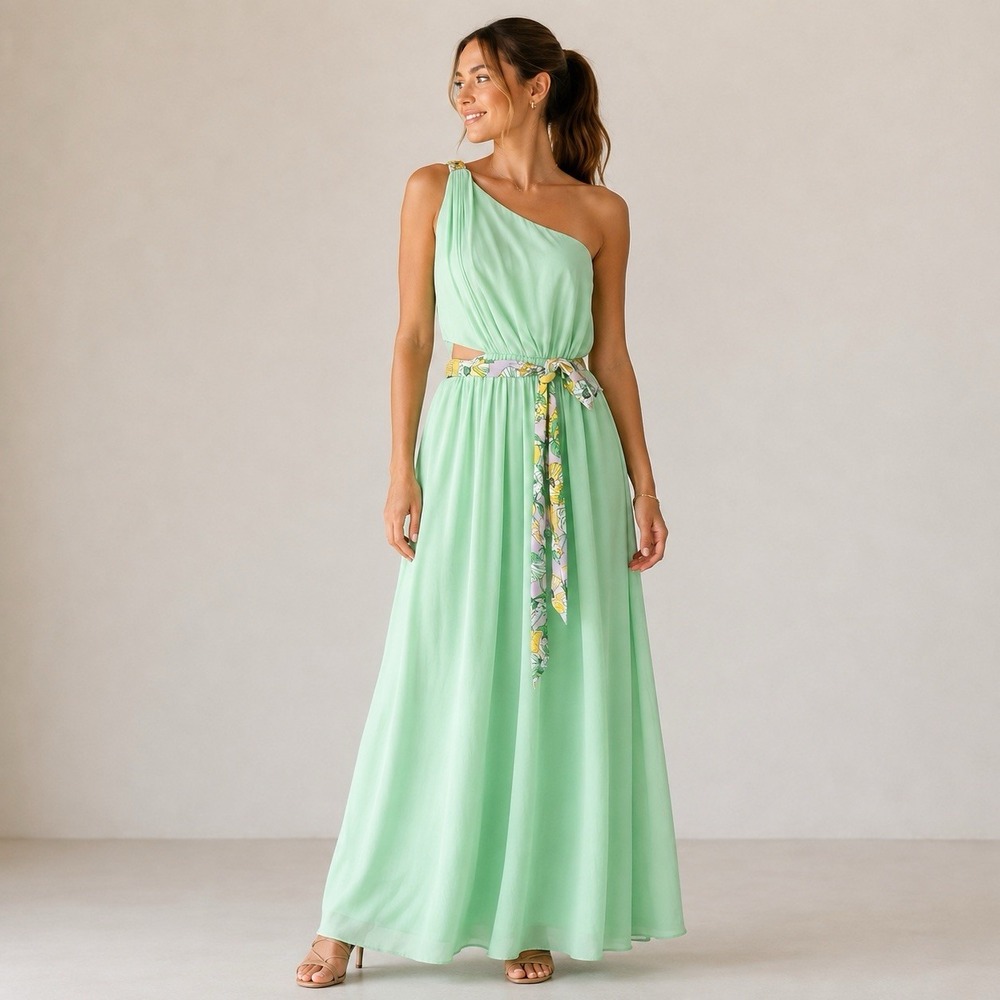 AMUR Mint Green Maxi Dress Size 8 One Shoulder Floral Sash Romantic Party Resort